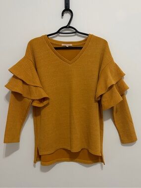 Mustard Ruffle Sleeve V-Neck Sweater